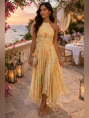 Aiifos Yellow Halter Pleated Maxi Dress XS Wedding Guest Resort Formal